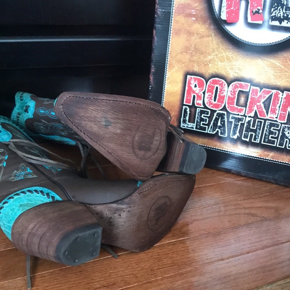 New Leather fringe brown and teal cowgirl boots ! Amazing quality 🤩 - Picture 4 of 5